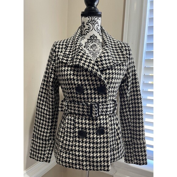 Guess Womens Houndstooth Wool Blend Lined Pea Coat 90's Small Preppy Clueless - Picture 2 of 13